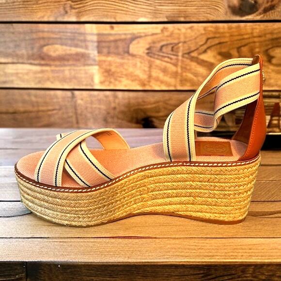Tory Burch Womens 10 Fieda Espadrille Platform Sandals new leather canvas - Picture 6 of 10